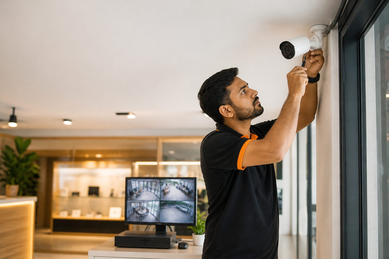 Technician installing a CCTV security camera system